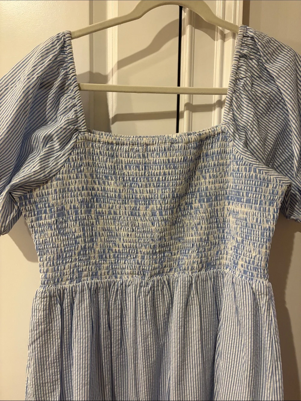 Sail to Sable Light Blue and White Striped Smocked Mini Dress